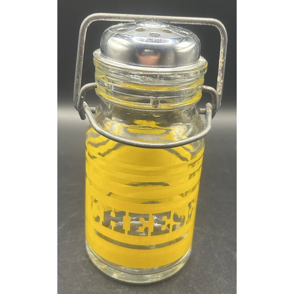 Vintage Clear Yellow Glass Grated Cheese Shaker Snap Back Close Lid Retro